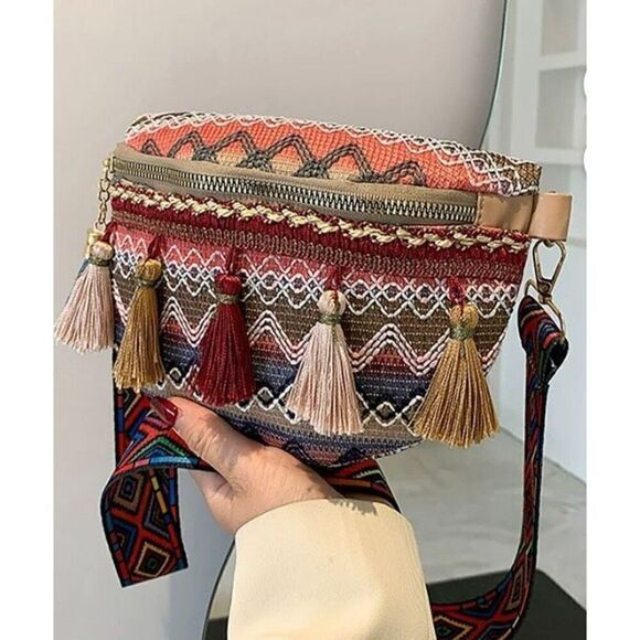 BOCHEIS - NWT Ethnic Style Boho Tassel Shoulder/Chest/Waist Bag in Woven Fabric - Picture 11 of 15